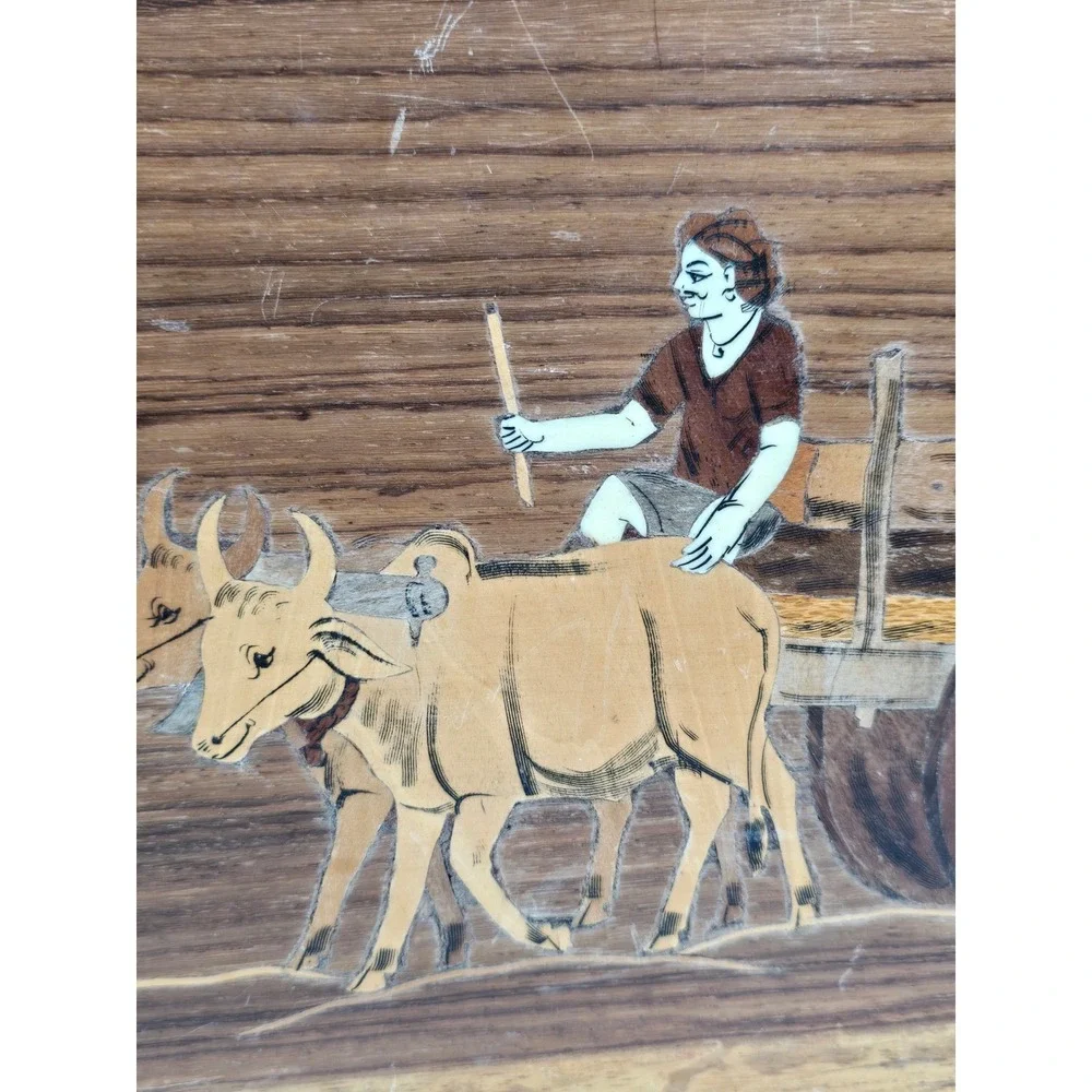 Vintage Wood Inlay Scene Ox Cart Farmer Rustic Farmhouse Decor‎